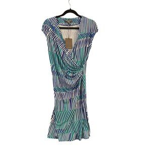 Tommy Bahama Faux Wrap Striped Stretch Dress Small Green Blue Short Sleeve NWT